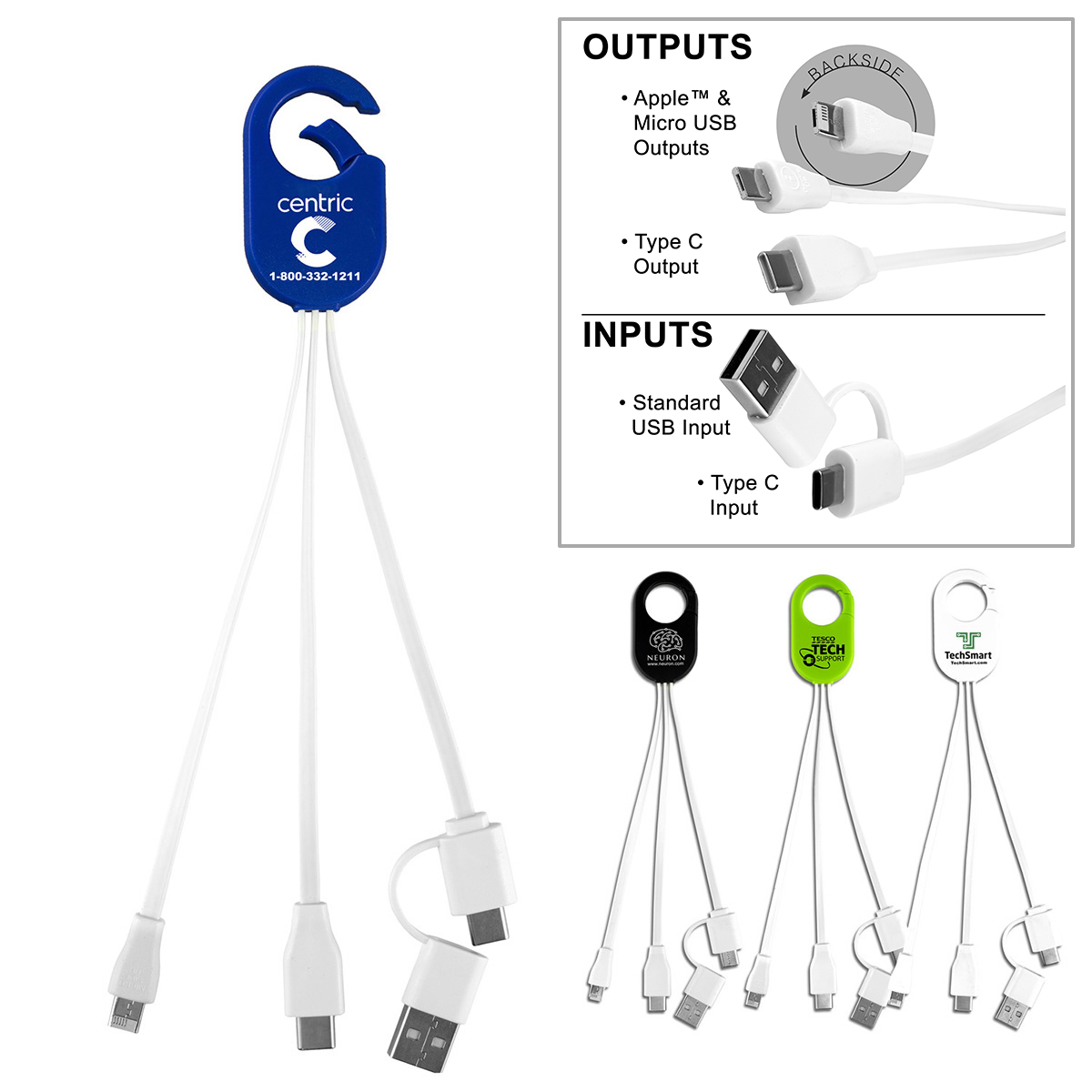 "Weber"3-in-1 Cell Phone Charging Cable with Type C Adapter and Carabiner Type Spring Clip 