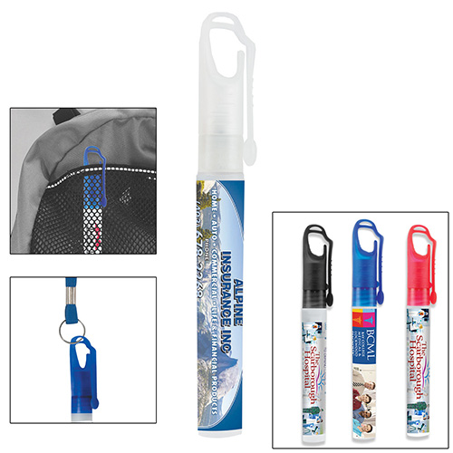 “SprayClip” 10 ml. Antibacterial Hand Sanitizer Spray Pump Bottle with Carabiner Clip Cap(PhotoImage Full Color)