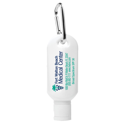 “Sunny Day” 1 oz Broad Spectrum SPF 30 Sunscreen Lotion in Solid White Carabiner Tottle (Spot Color)