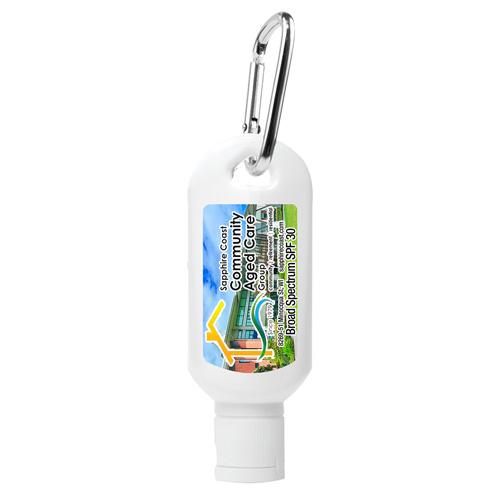 “Sunny Day L” 2.0 oz Broad Spectrum SPF 30 Sunscreen Lotion in Solid White Carabiner Tottle