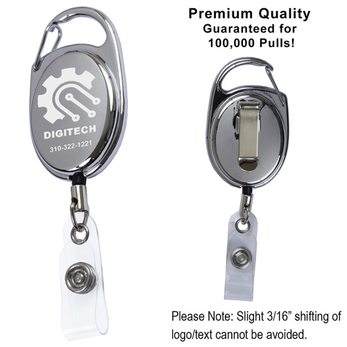 "Pataskala" 30” Cord Shiny Chrome Finish Solid Metal Retractable Badge Reel and Badge Holder with Laser Imprint (Patent D539,122)
