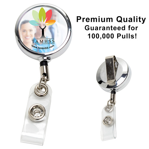 "Dublin Chrome" 30” Cord Chrome Solid Metal Retractable Badge Reel and Badge Holder with Full Color Vinyl Label Imprint