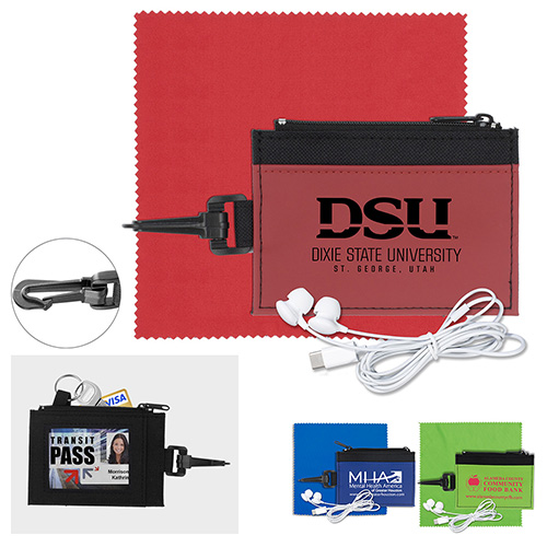 Mobile Tech Earbud Kit with Microfiber Cloth in Travel ID Wallet