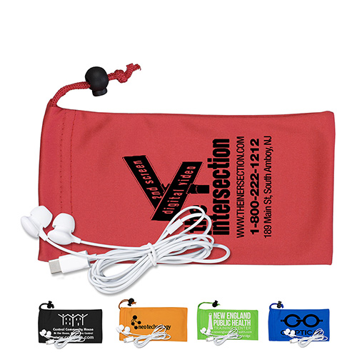 “Tuneboom” Mobile Tech Earbud Kit in Microfiber Cinch Pouch Components inserted into Microfiber Pouch