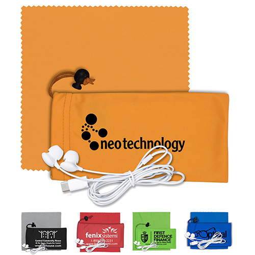 “Tuneboom Plus” Mobile Tech Earbud Kit with Microfiber Cloth in Microfiber Cinch Pouch Components inserted into Microfiber Pouch