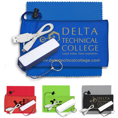 “TechBank” Mobile Tech Power Bank Accessory Kit in Microfiber Cinch Pouch Components inserted into Microfiber Pouch