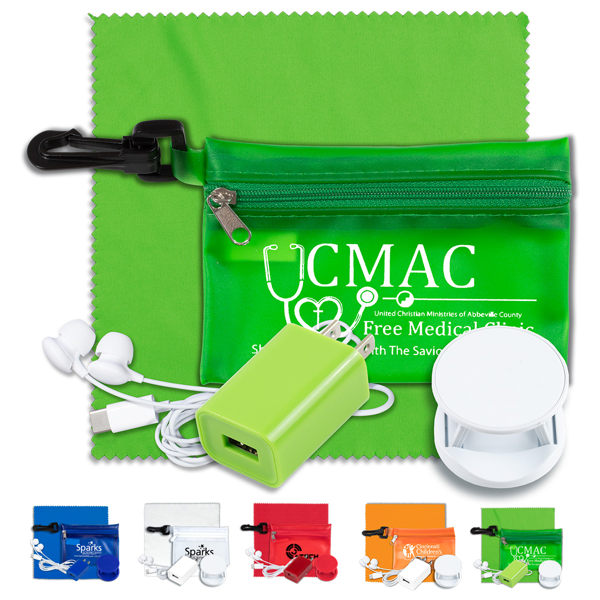 “Tons-o-Tunes” Mobile Tech Auto and Home Accessory Kit in Translucent Carabiner Zipper Pouch