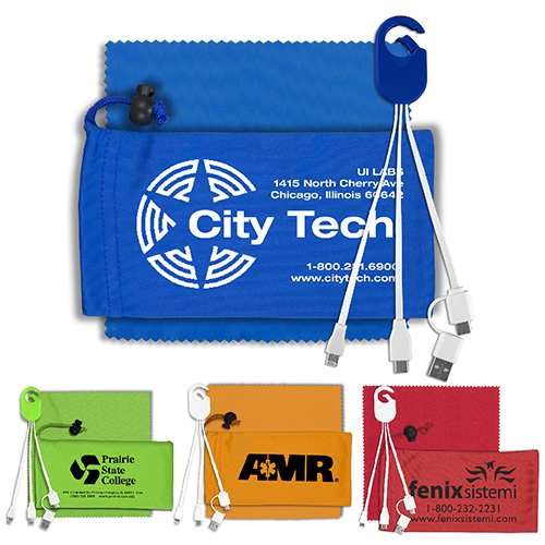 “ReCharge Pouch” Mobile Tech Charging Cable Kit in Microfiber Cinch Pouch Components inserted into Microfiber Pouch