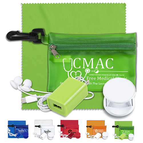 “ReCharge Plus” Mobile Tech Charging Cables and Earbud Kit in Zipper Pouch Components inserted into Polyester Zipper Pouch
