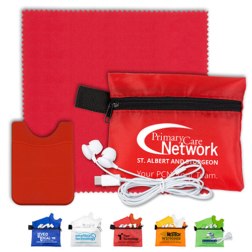 Mobile Tech Earbud Kit with Microfiber Cleaning Cloth and Cell Phone Wallet in Zipper Pouch