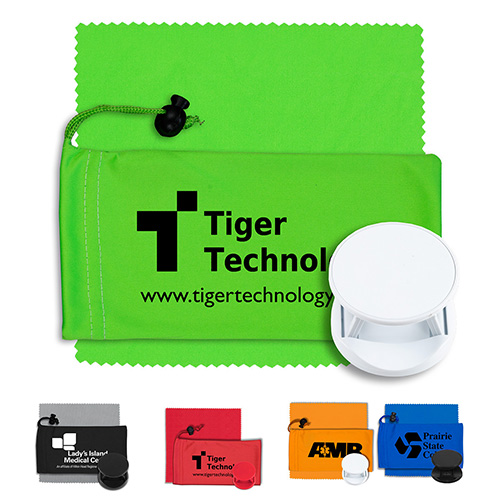 “CarCharge” Mobile Tech Auto Accessory Kit in Microfiber Cinch Pouch Components inserted into Microfiber Pouch