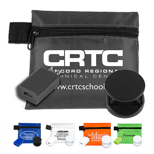 “ChargePouch” Mobile Tech Auto and Home Charging Kit in Polyester Zipper Pouch Components inserted into Polyester Zipper Pouch