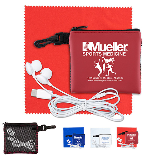 “TechMesh Tunes” Mobile Tech Earbud Kit in Mesh Zipper Pouch Components inserted into Zipper Pouch