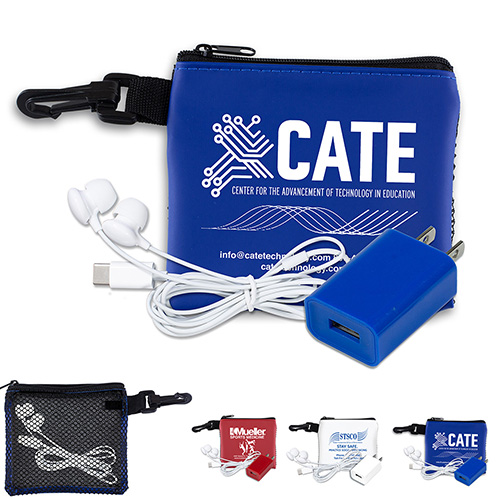 “TechMesh Charge” Mobile Tech Earbud and Charger Kit in Mesh Zipper Pouch Components inserted into Zipper Pouch 