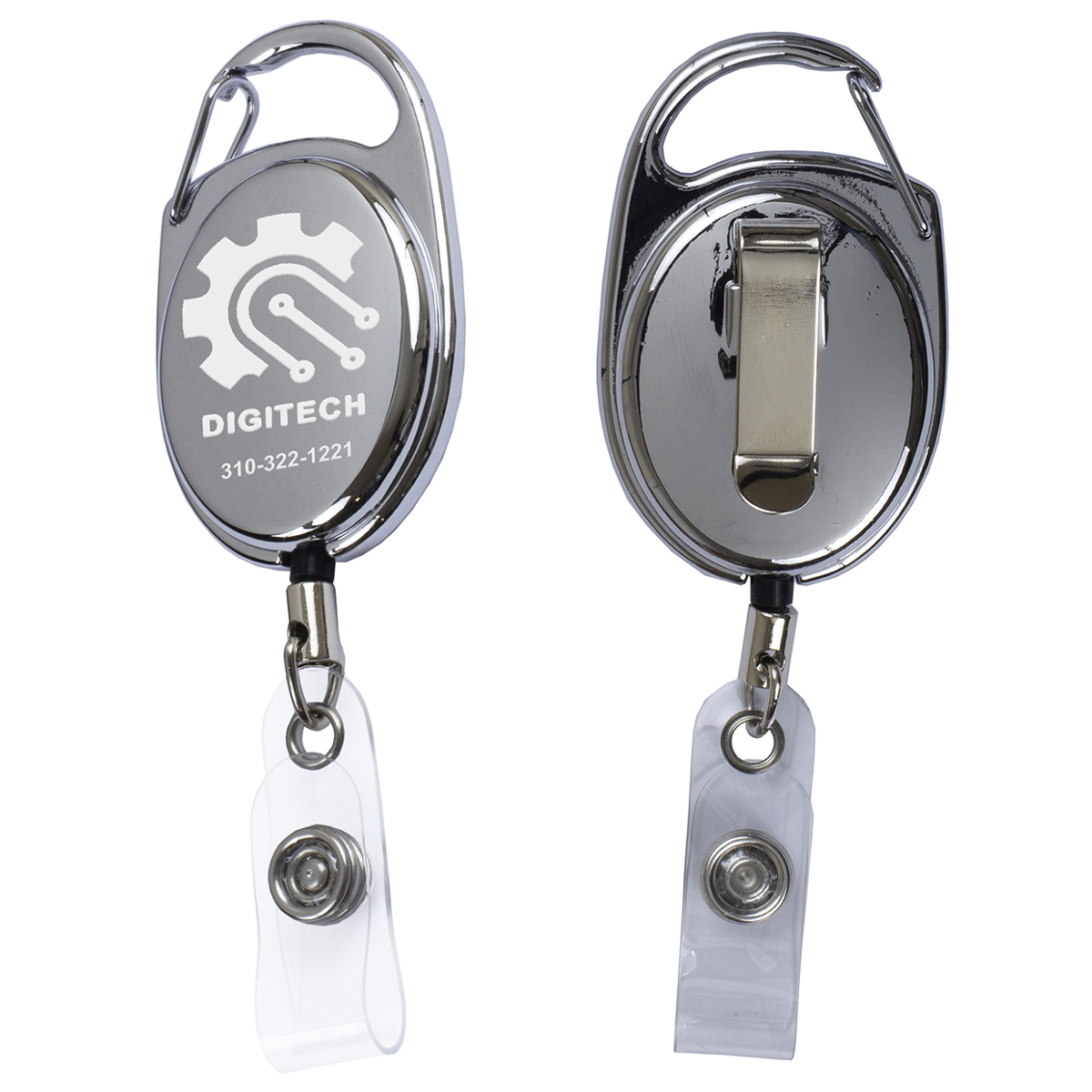 "Pataskala" 30” Cord Shiny Chrome Finish Solid Metal Retractable Badge Reel and Badge Holder with Laser Imprint (Patent D539,122)