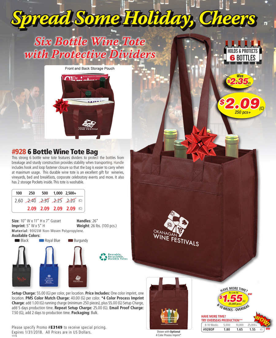 928 90GSM Non-Woven 6 Bottle Wine Tote Bag