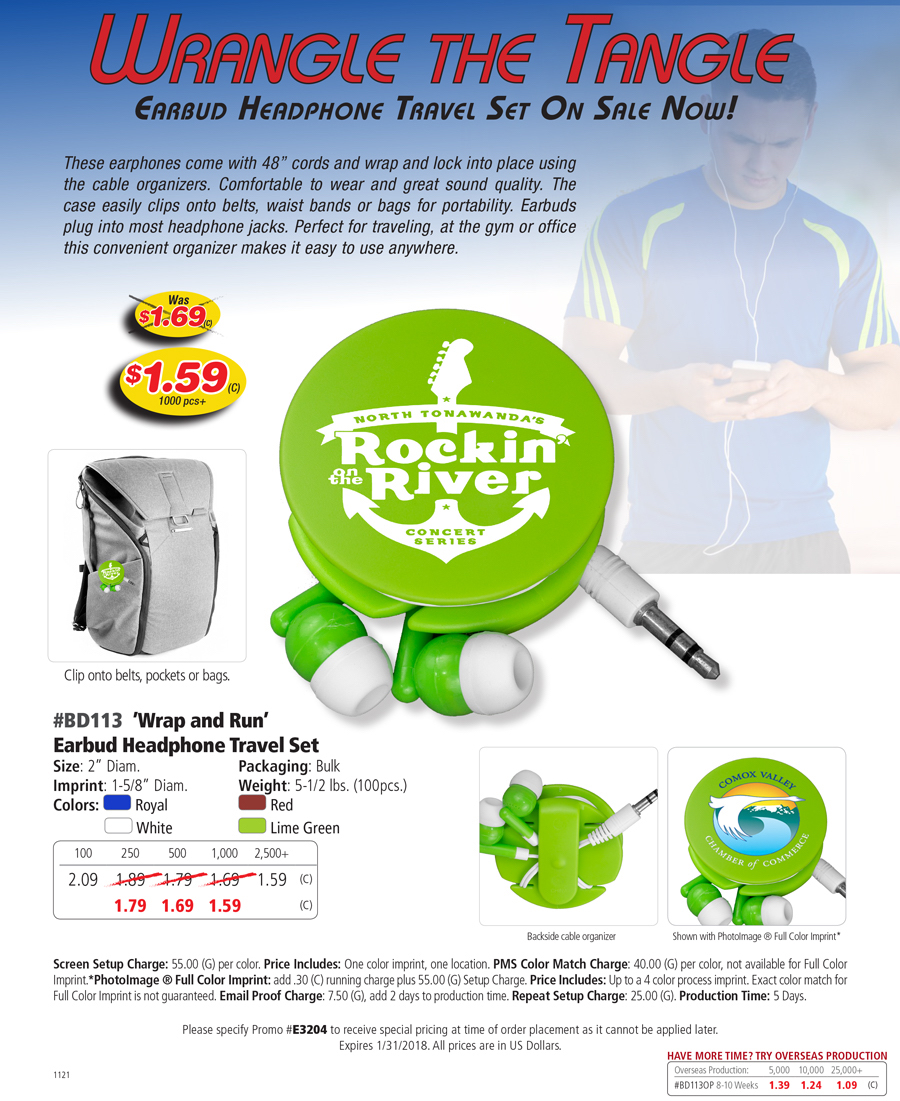 BD113 Wrap and Run Earbud Headphone Travel Set