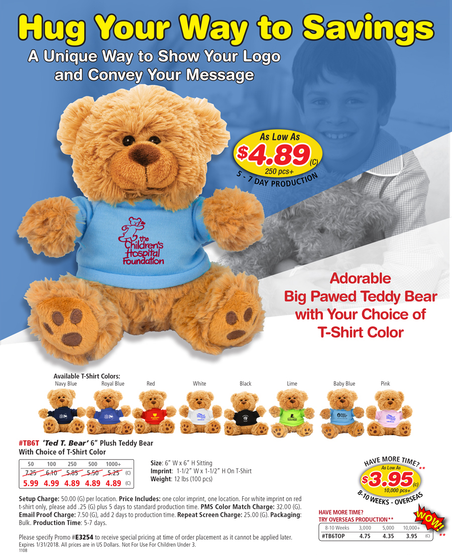 TB6T  -Ted T. Bear- Plush Teddy Bear with Choice of T-Shirt Color