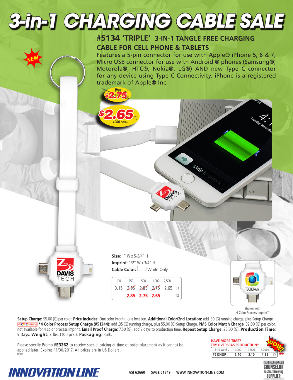 5134 TRIPLE  3-IN-1 LIGHTNING & MICRO USB TANGLE Sale