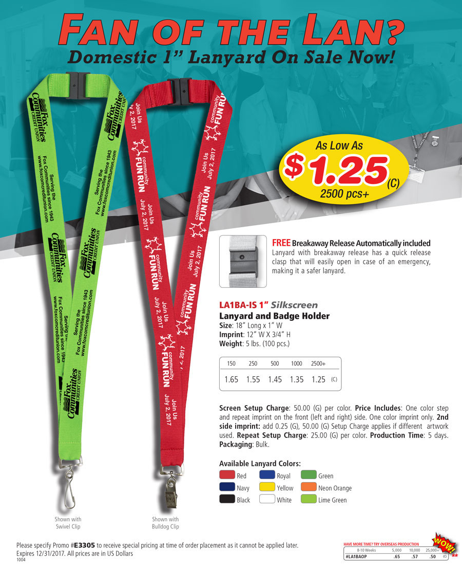 LA1BA-IS  1inch Silkscreen Lanyard with FREE Breakaway Release