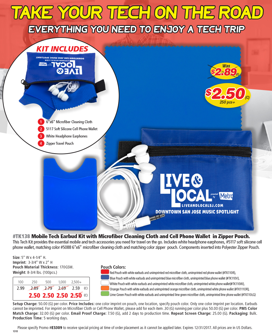 TK138 Mobile Tech Earbud Kit with Microfiber Cleaning Cloth in Zipper Pouch