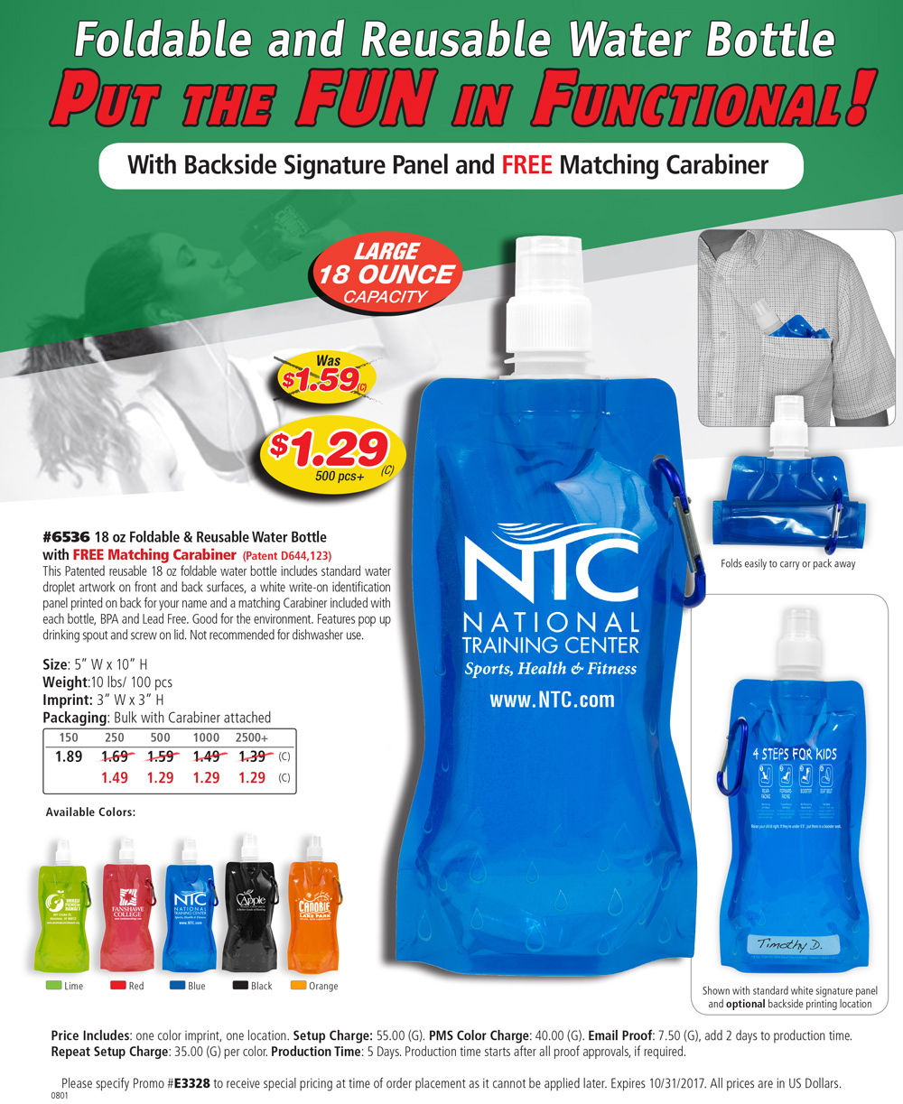 18 oz Foldable Water Bottle with FREE Matching Carabiner