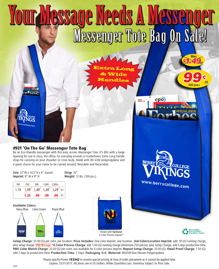 931 -On The Go- 80GSM Non-Woven Messenger Tote Bag