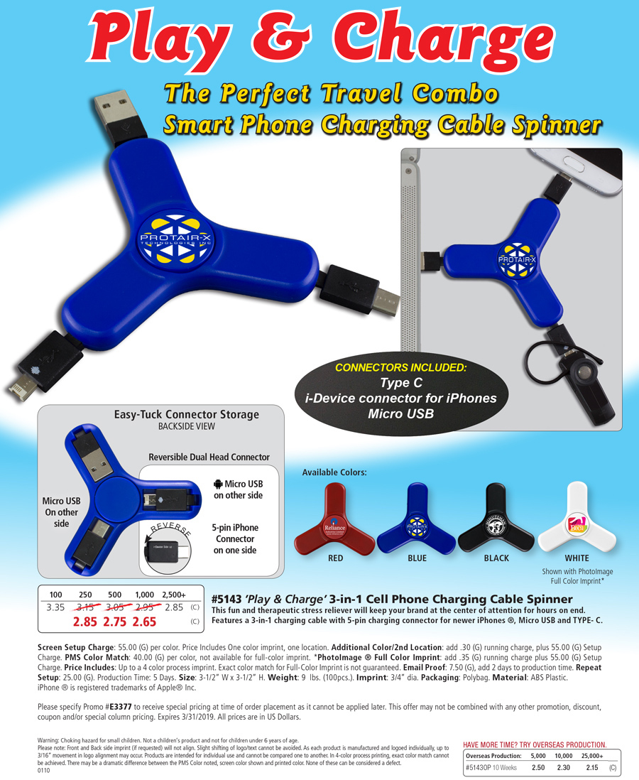 #5143 3-in-1 Cell Phone Charging Cable Spinner