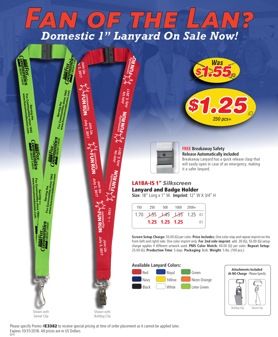 LA1BA-IS  1inch Silkscreen Lanyard with FREE Breakaway Release