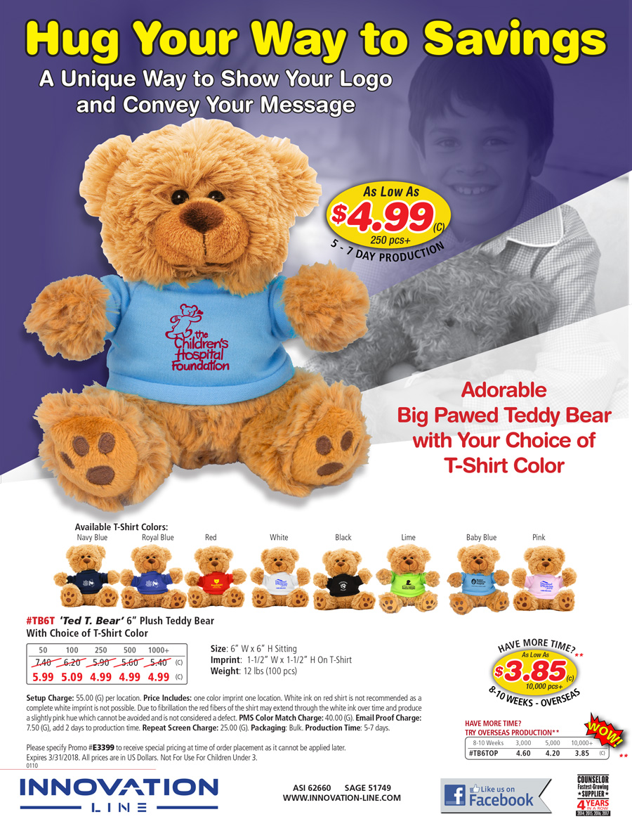 TB6T  -Ted T. Bear- Plush Teddy Bear with Choice of T-Shirt Color