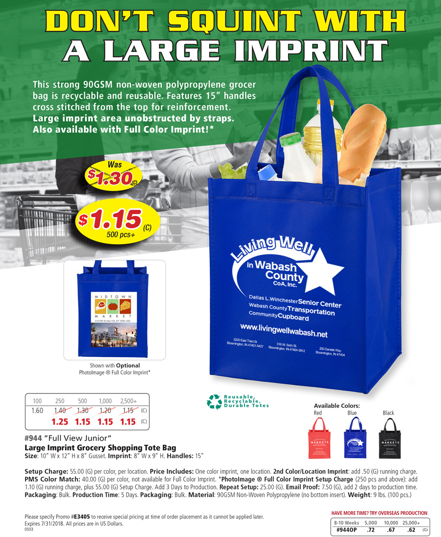 #944 Full View Junior - Large Imprint Grocery Shopping Tote Bag
