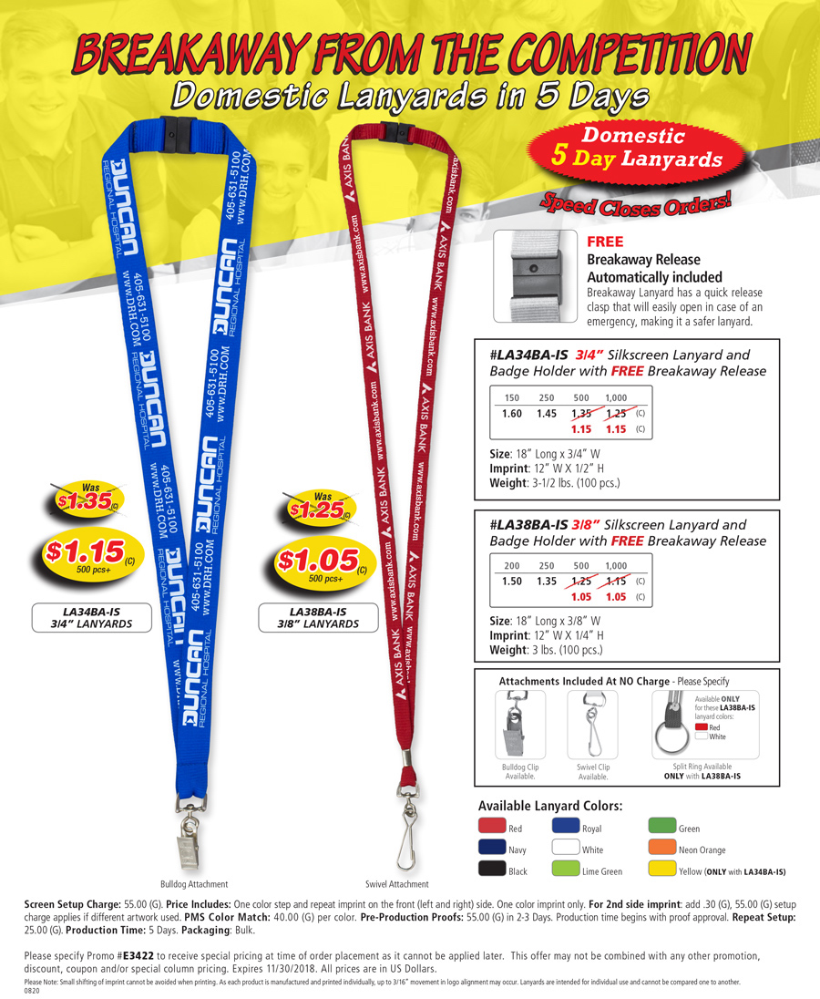LA38BA-IS 3/8� Silkscreen Lanyard with FREE Breakaway Release - #LA34BA-IS 3/4� Silkscreen Lanyard with FREE Breakaway Release