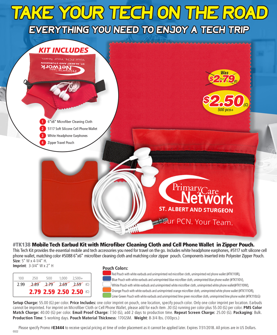 TK138 Mobile Tech Earbud Kit with Microfiber Cleaning Cloth in Zipper Pouch