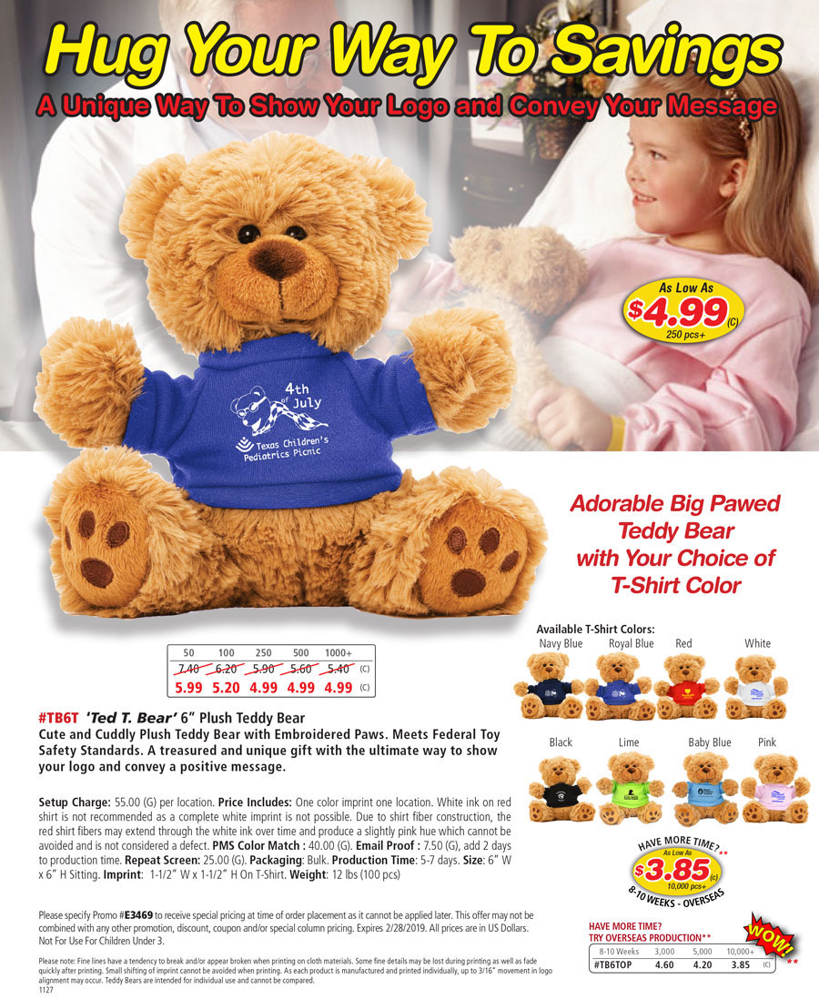 TB6T  -Ted T. Bear- Plush Teddy Bear with Choice of T-Shirt Color