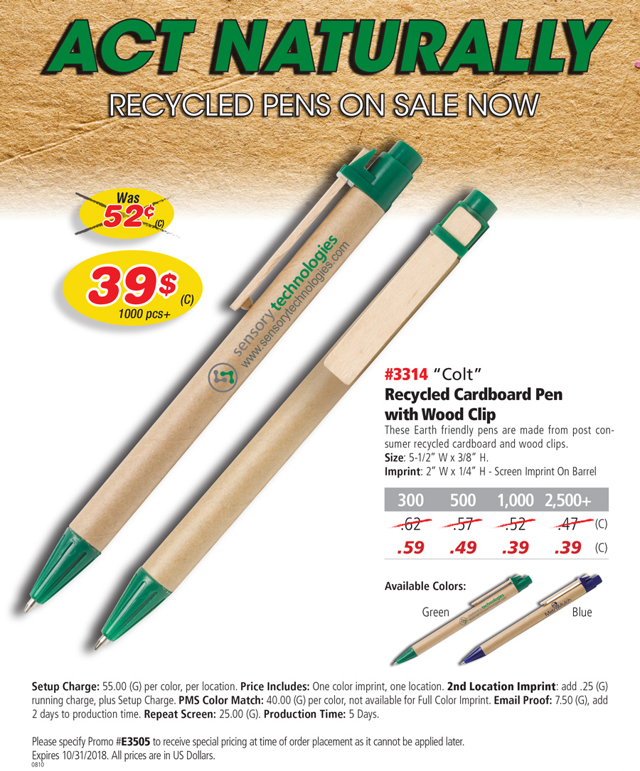 3314 Recycled Cardboard Pen with Wood Clip