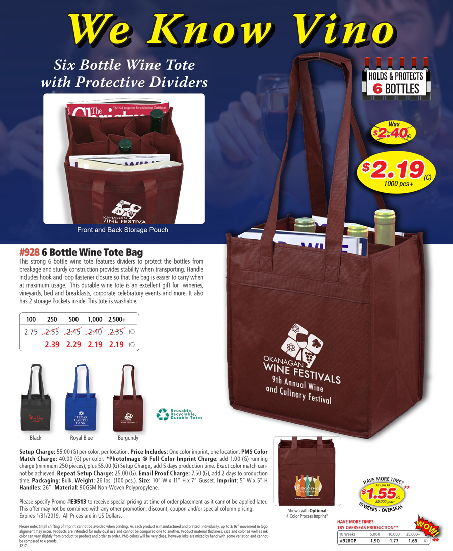 928 90GSM Non-Woven 6 Bottle Wine Tote Bag