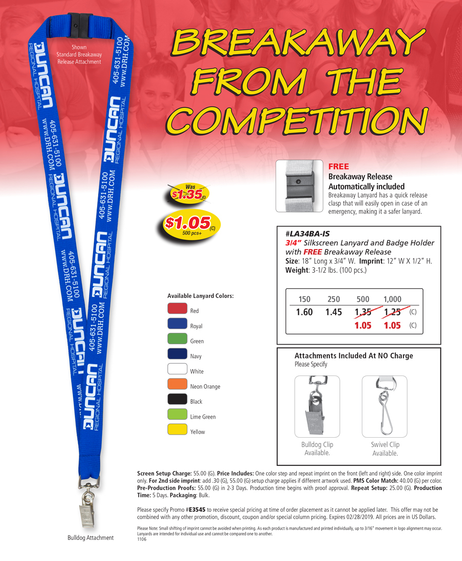 #LA34BA-IS 3/4� Silkscreen Lanyard with FREE Breakaway Release