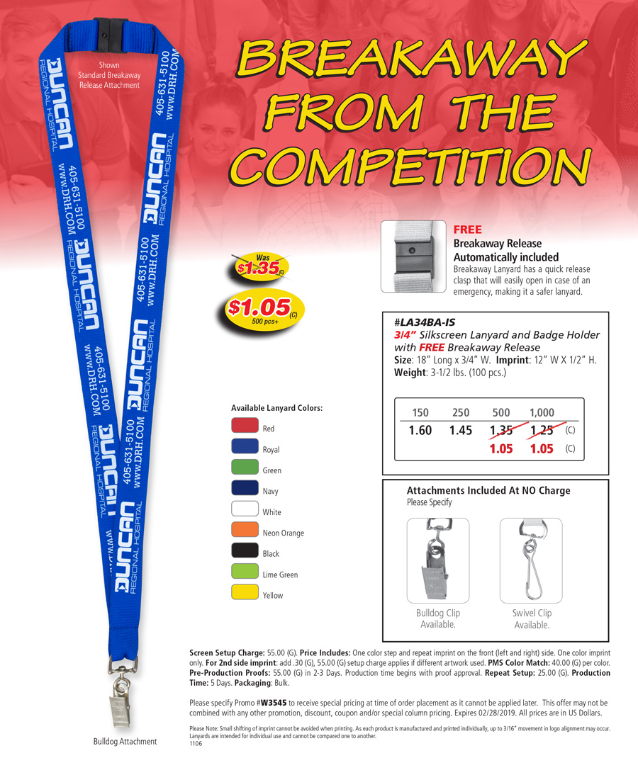 #LA34BA-IS 3/4� Silkscreen Lanyard with FREE Breakaway Release