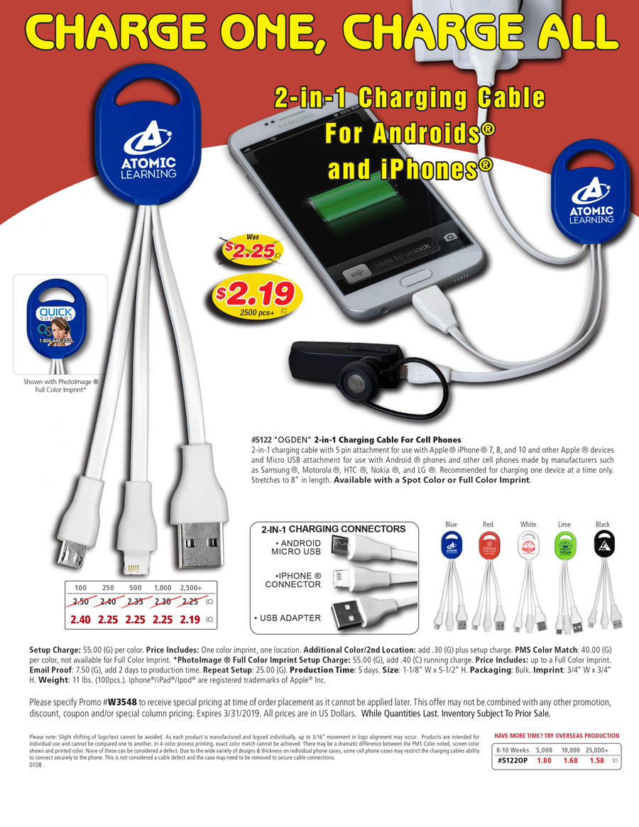 #5122 2-in-1 Charging Cable For Cell Phones and Tablets