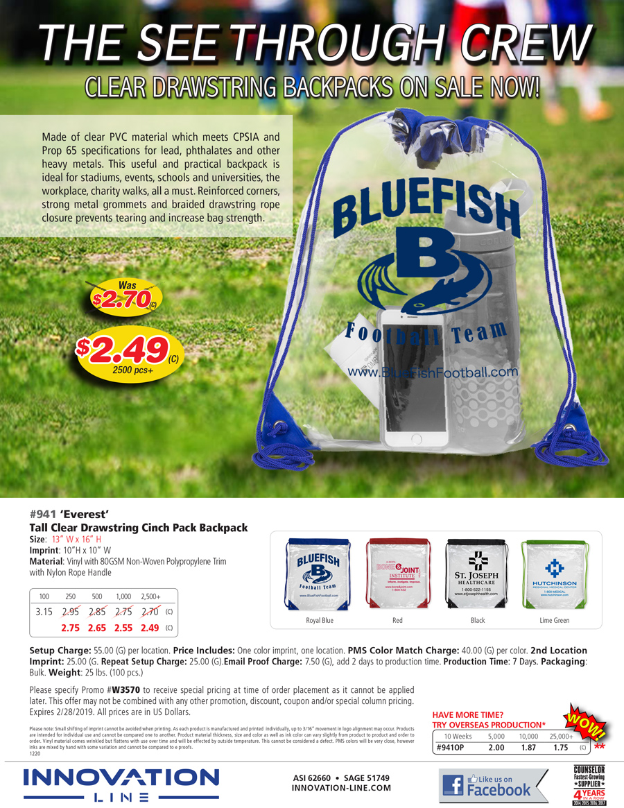 941 Everest - Clear Drawstring Cinch Pack Backpack