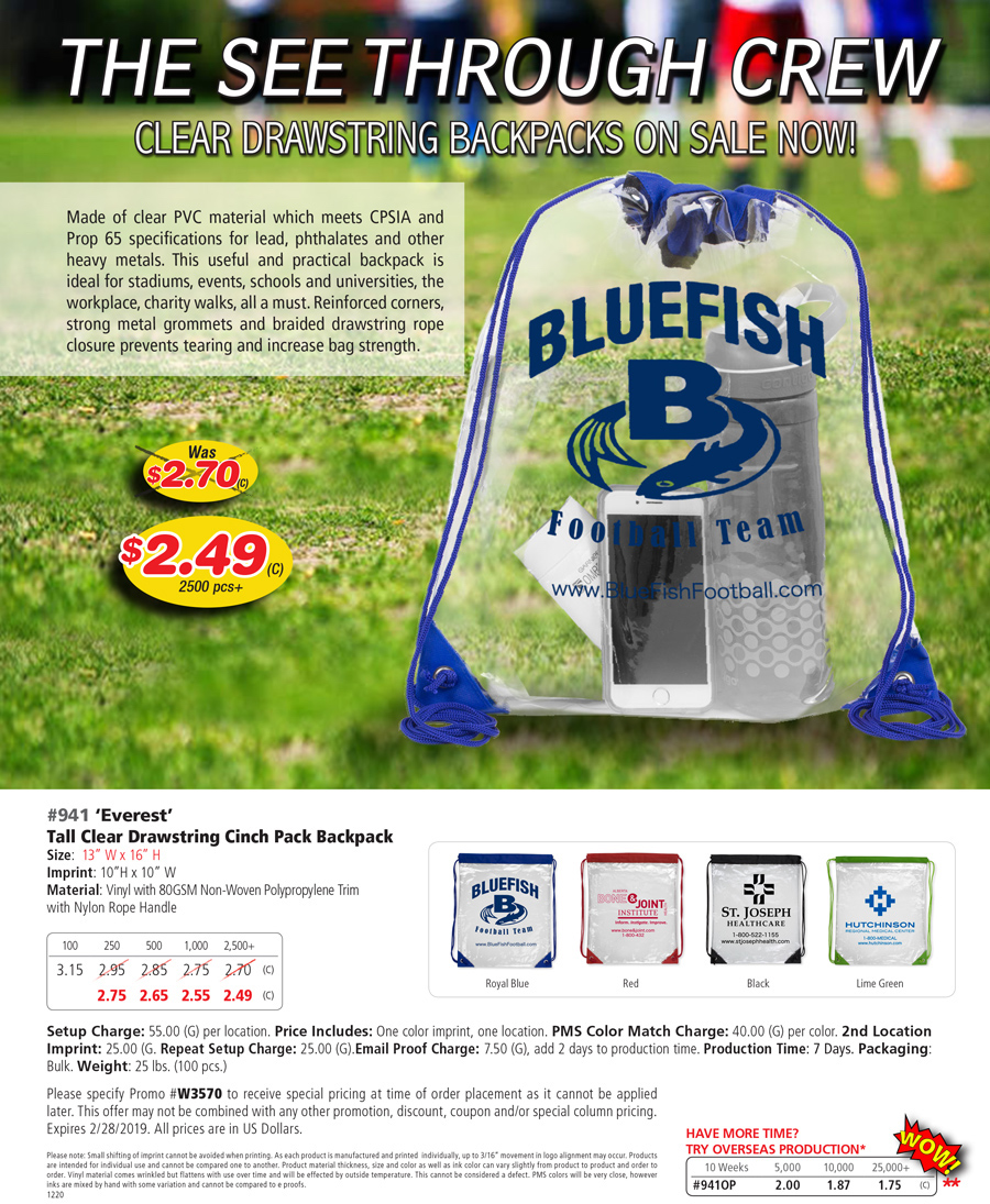 941 Everest - Clear Drawstring Cinch Pack Backpack