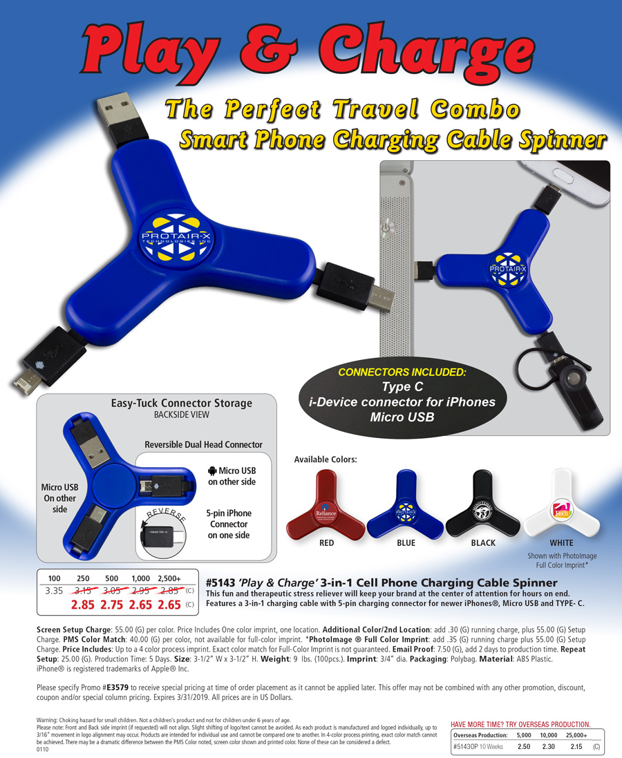 #5143 3-in-1 Cell Phone Charging Cable Spinner
