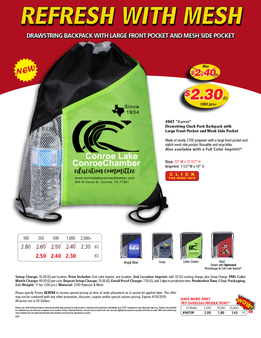 947 Drawstring Cinch Pack Backpack with Large Front Pocket and Mesh Side Pocket