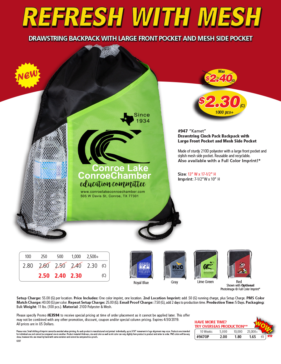 947 Drawstring Cinch Pack Backpack with Large Front Pocket and Mesh Side Pocket