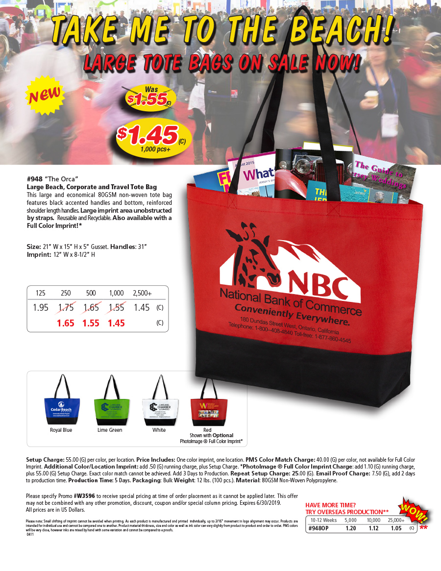 948 Large Beach, Corporate and Travel Tote Bag