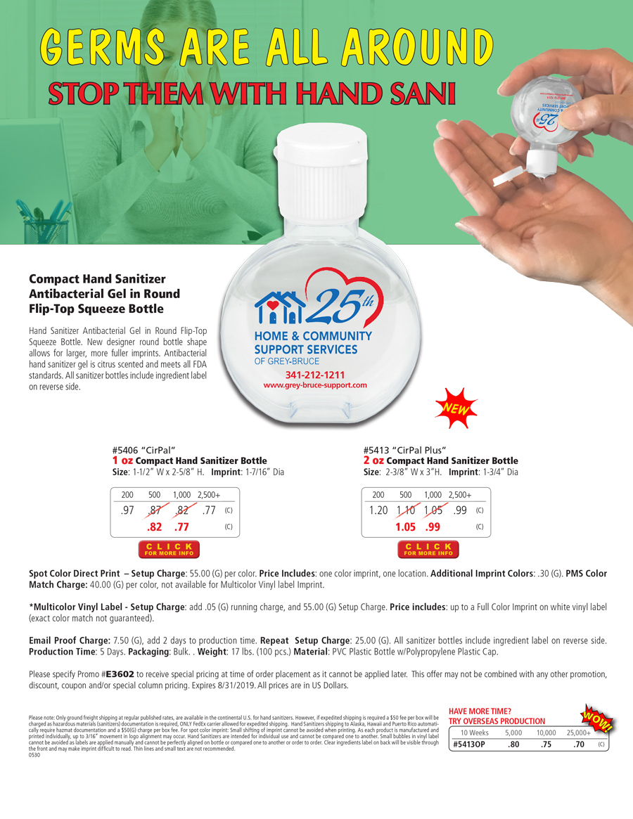 5406 5413 Compact Hand Sanitizer Antibacterial Gel in Round Flip-Top Squeeze Bottle
