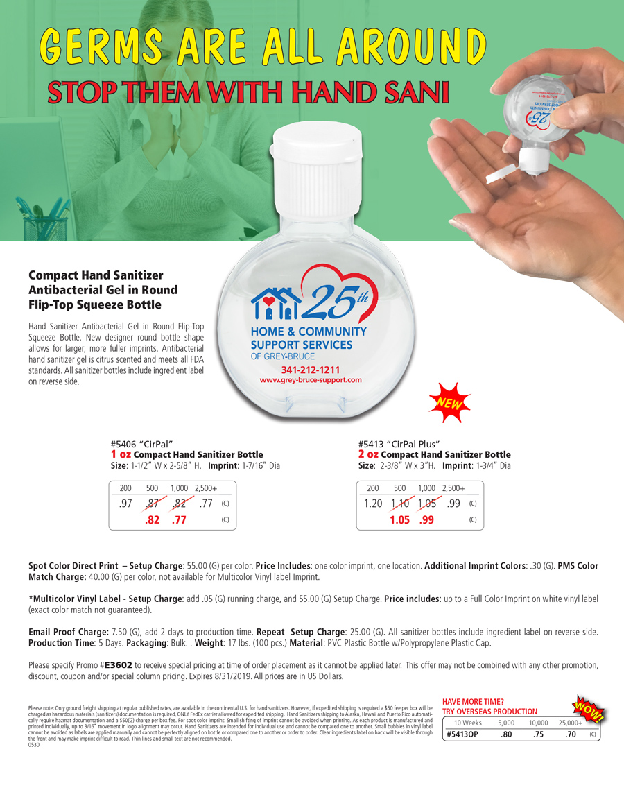 5406 5413 Compact Hand Sanitizer Antibacterial Gel in Round Flip-Top Squeeze Bottle