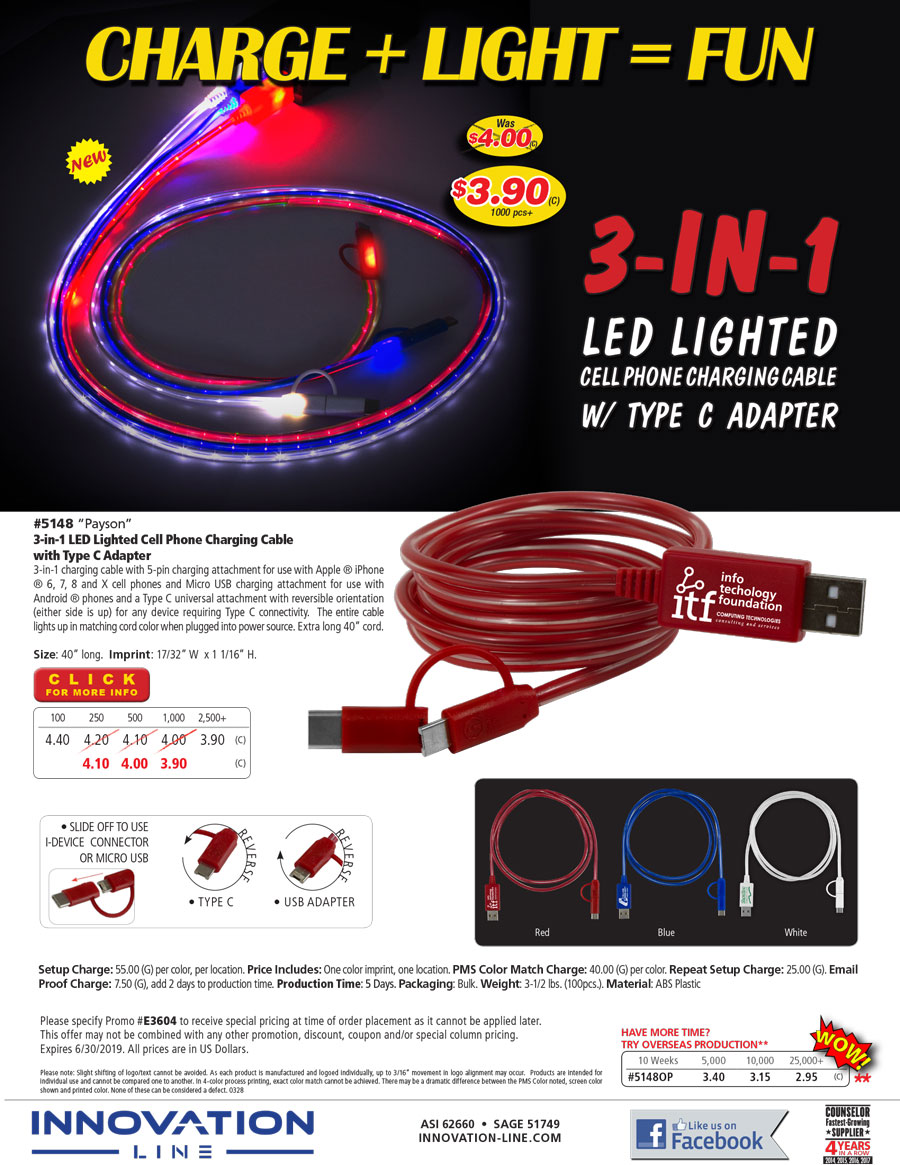 #5148 3-in-1 LED Lighted Cell Phoen Charging Cable with Tpe C Adapter