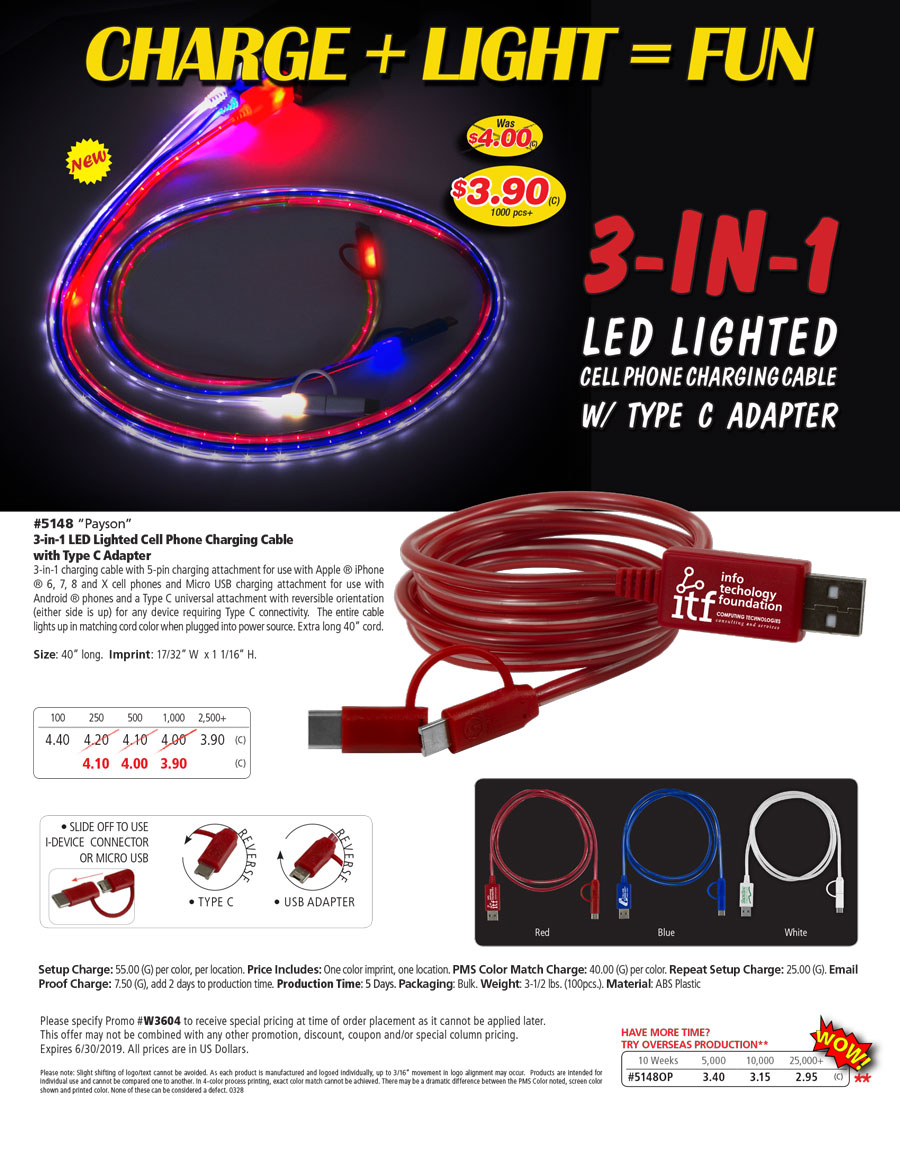 #5148 3-in-1 LED Lighted Cell Phoen Charging Cable with Tpe C Adapter