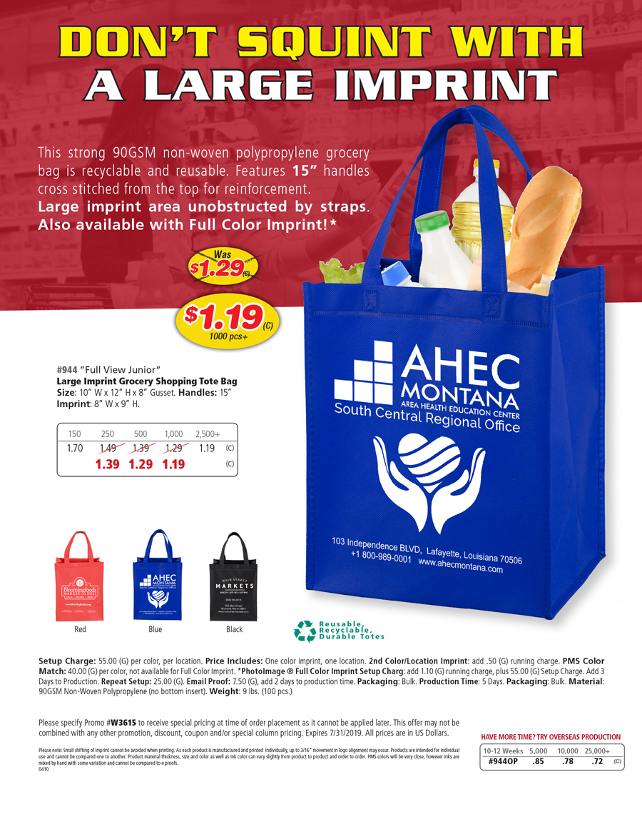 #944 Full View Junior - Large Imprint Grocery Shopping Tote Bag
